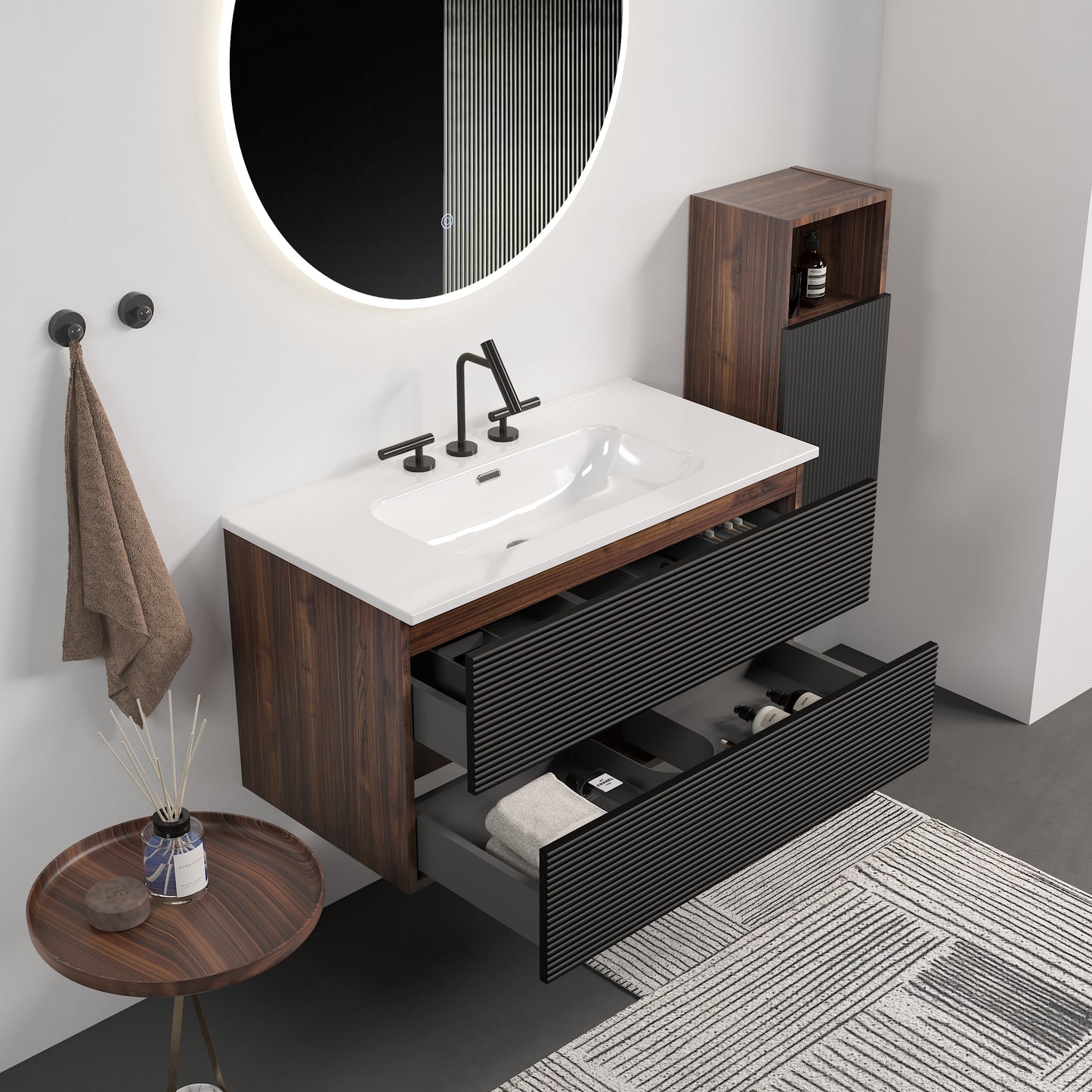 Gloria 36" Wall Mounted Soft Black & Walnut Bathroom Vanity with Integrated Ceramic Sink with 3 holes, with Overflow, Large Storage Floating Bathroom Vanity for Modern Bathroom, KD image 2