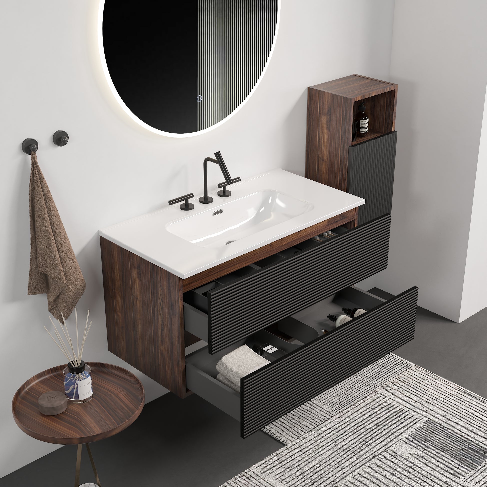 Gloria 36" Wall Mounted Soft Black & Walnut Bathroom Vanity with Integrated Ceramic Sink with 3 holes, with Overflow, Large Storage Floating Bathroom Vanity for Modern Bathroom, KD image 2