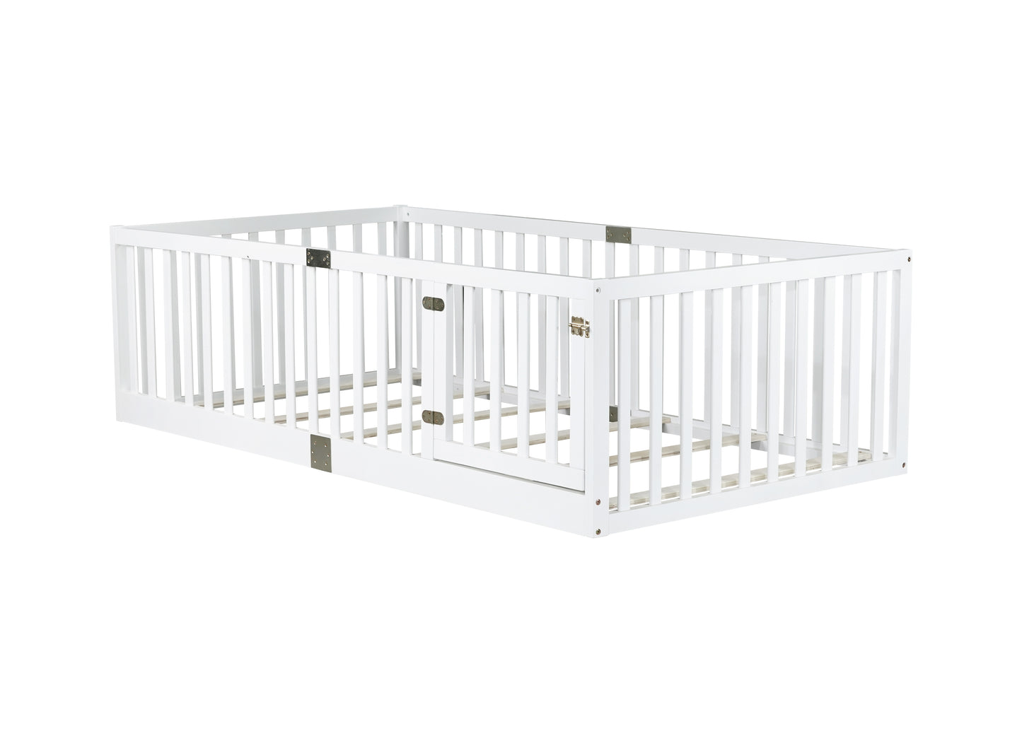 Twin Size Floor Bed with High Fence Railings, with Door, Rubber Wood Floor Bed with Safety Guardrails,White (Old Sku W504P287652) image 12