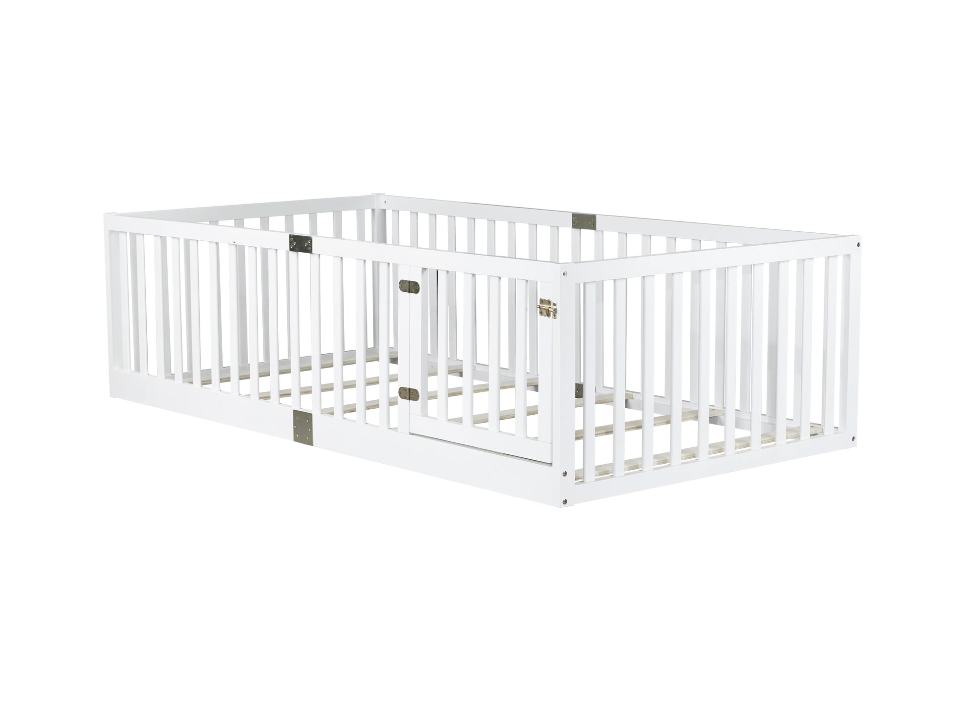 Twin Size Floor Bed with High Fence Railings, with Door, Rubber Wood Floor Bed with Safety Guardrails,White (Old Sku W504P287652) image 12