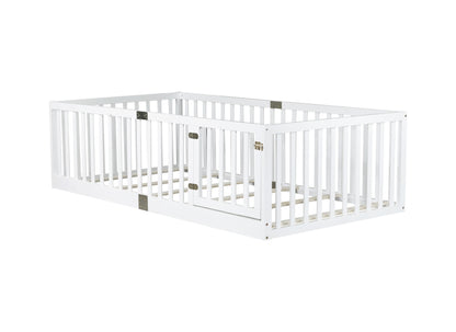 Twin Size Floor Bed with High Fence Railings, with Door, Rubber Wood Floor Bed with Safety Guardrails,White (Old Sku W504P287652) image 12