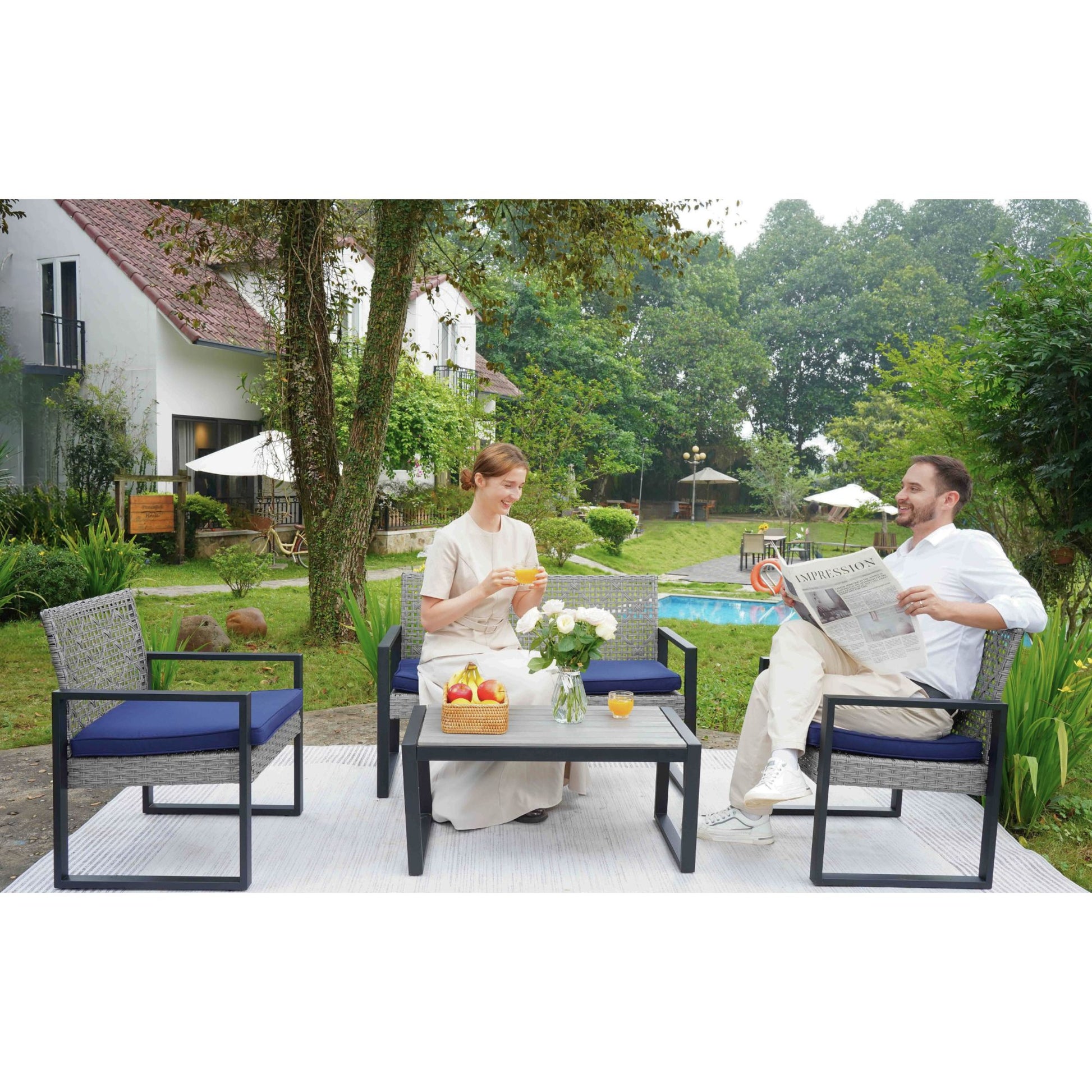 4-Piece Patio Furniture Set Outdoor Balcony Porch Garden Backyard Lawn Furniture Gray Acacia Wood Table Top, Blue Cushion and Light Gray rattan image 11