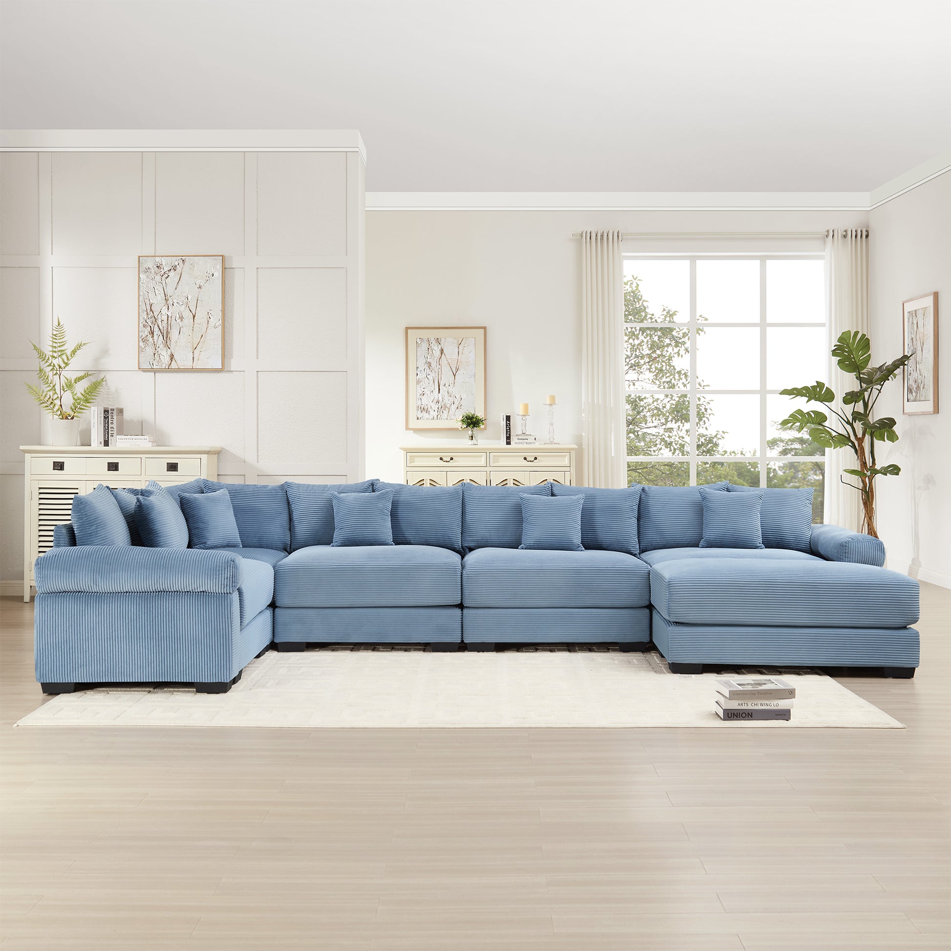Oversized Cloud Modular Sectional Couch, Convertible Sectional Couches,Extra-Wide Armrests With An Ottoman,Premium Corduroy Fabric, Ergonomic Design,Easy Assembly,For Living Rooms Study,Blue image 3
