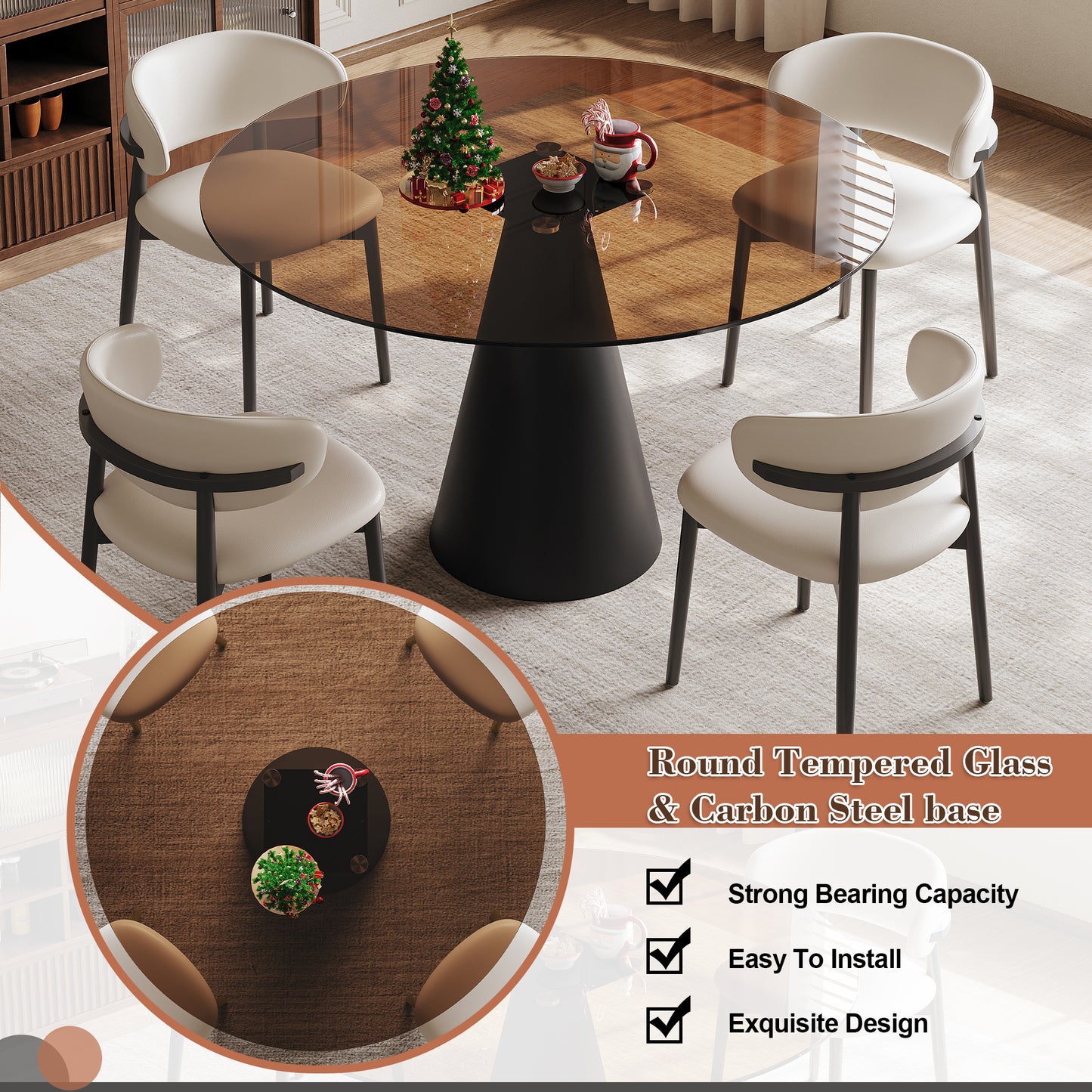 35-inch round glass dining table, with tempered glass tabletop and carbon steel legs. Suitable for 2-4 people. Dark brown small round dining table, suitable for restaurants and apartments. (4 chair) image 3