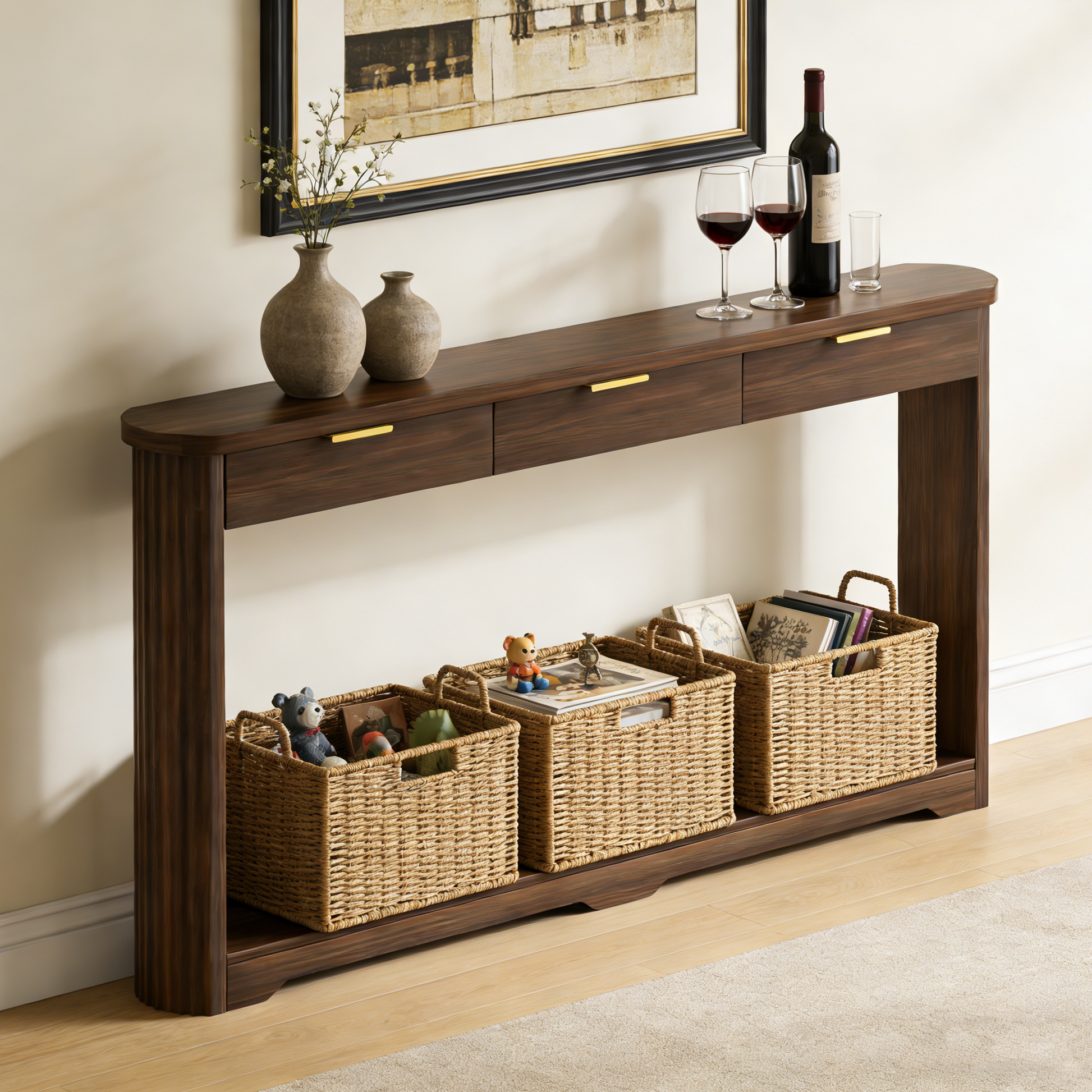 70.1" Wavy-Patterned Storage Table with Drawers; a slim wooden side table that can be placed behind a sofa, ideal for entryways, hallways, and doorways.Walnut.70.1"L*8.7"W*35.5"H image 1