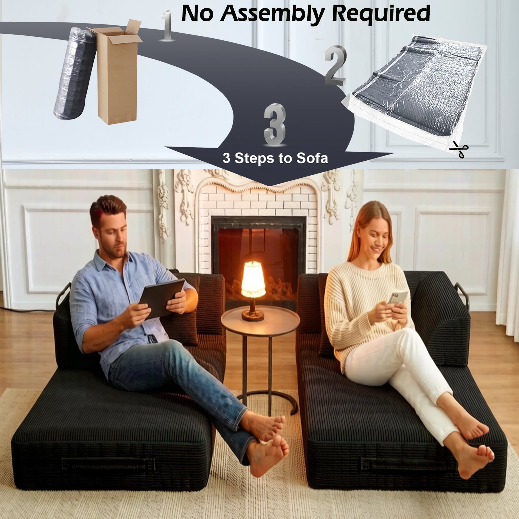 Convertible Sleeper Sofa Bed, Corduroy Folding Mattress Couch with Fixed-Shape Frame, Floor Sofa Lounge Couch Boneless Sofa for Living Room Bedroom, Black image 7