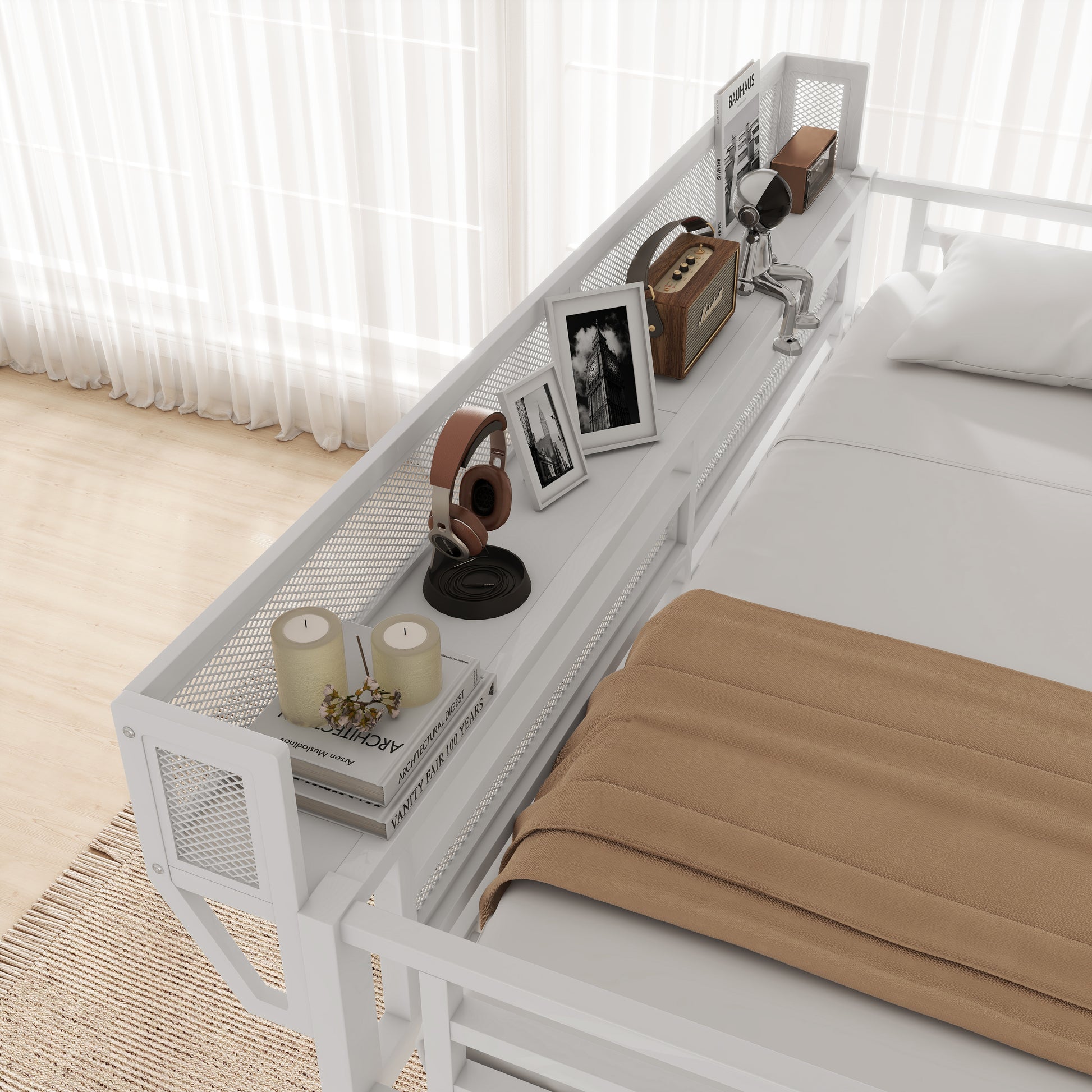 Queen Loft Bed with Desk and Charging Station, Queen Size Metal Loft Bed with Stairs and Light for Kids Teens,White(Old SKU W2580S00033) image 5