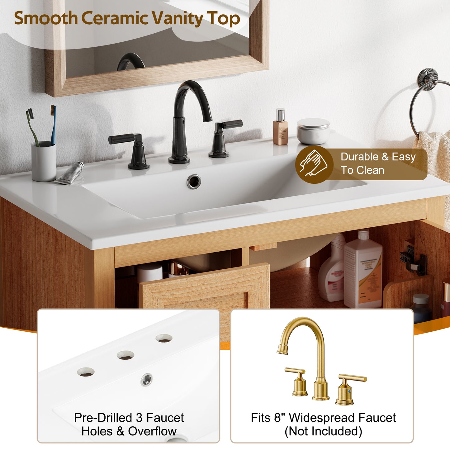 [Video] 30" Wood Grain Bathroom Vanity with Ceramic Sink, Solid Wood Legs, Adjustable Shelf & Full Soft-Close Drawers & Door, Storage Rack, Open Back Design image 10