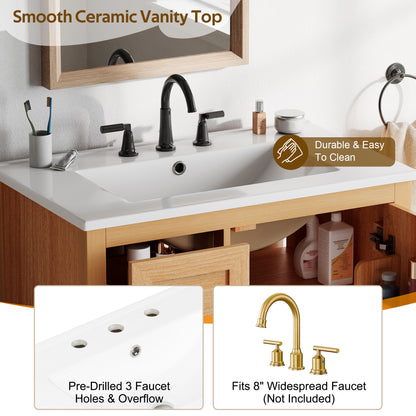 [Video] 30" Wood Grain Bathroom Vanity with Ceramic Sink, Solid Wood Legs, Adjustable Shelf & Full Soft-Close Drawers & Door, Storage Rack, Open Back Design image 10