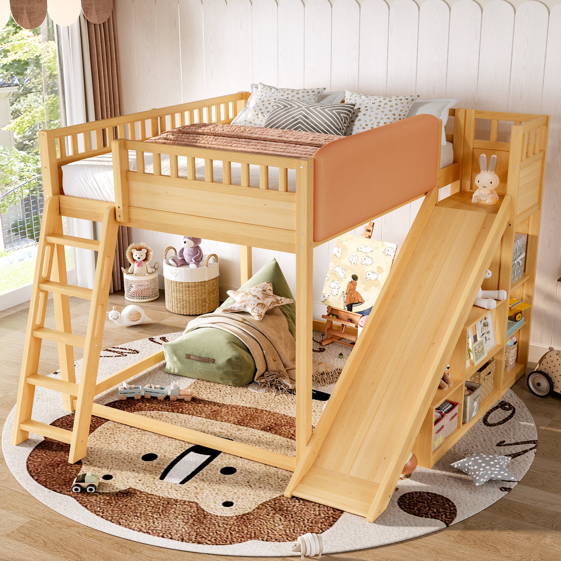 Full Size Loft Bed with upholstered headboard and storage shelves, complete with ladder and slide, Natural image 1