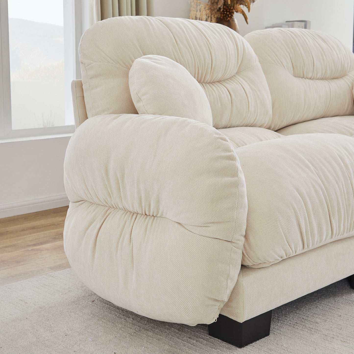 Pleated Design Cozy Chenille Fabric 2 Seater Modular Sofa with High-Density Ergonomic Foam Seat, Curved Round Armrests and 2 Round Throw Pillows,Beige image 9
