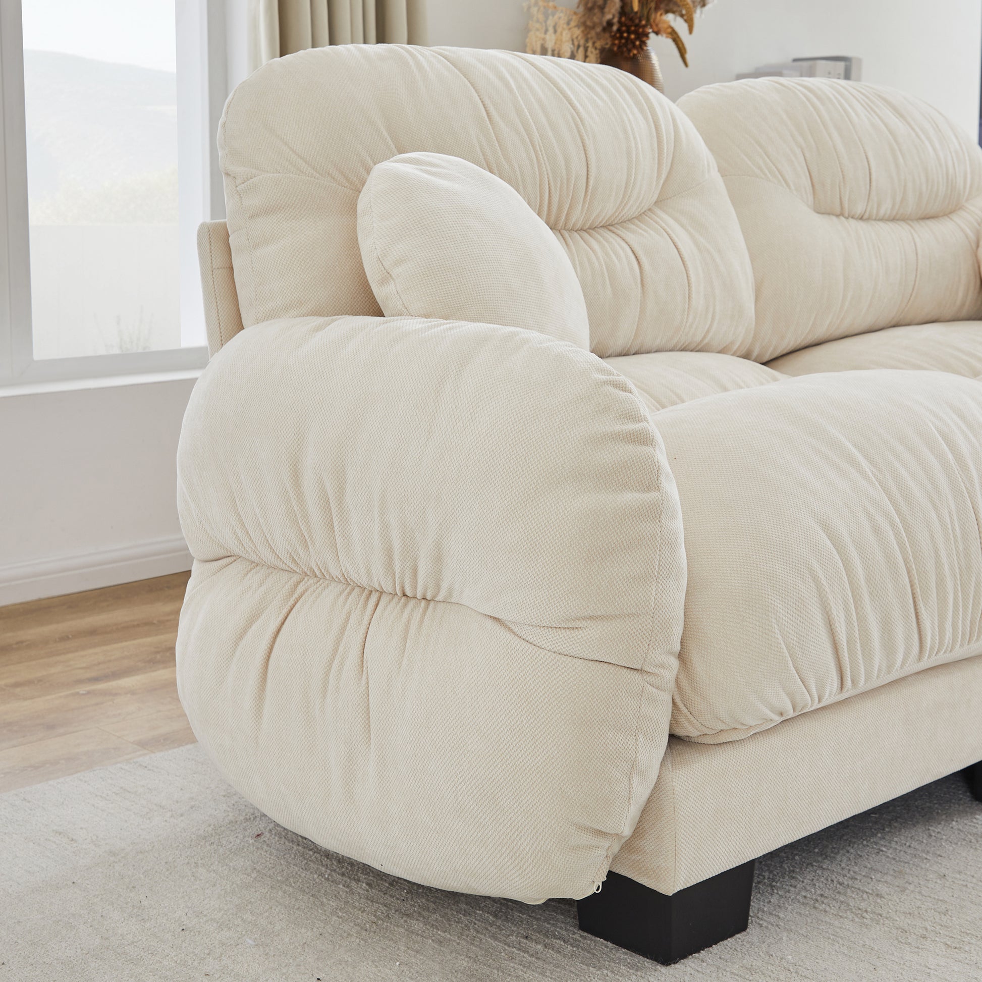 Pleated Design Cozy Chenille Fabric 2 Seater Modular Sofa with High-Density Ergonomic Foam Seat, Curved Round Armrests and 2 Round Throw Pillows,Beige image 9