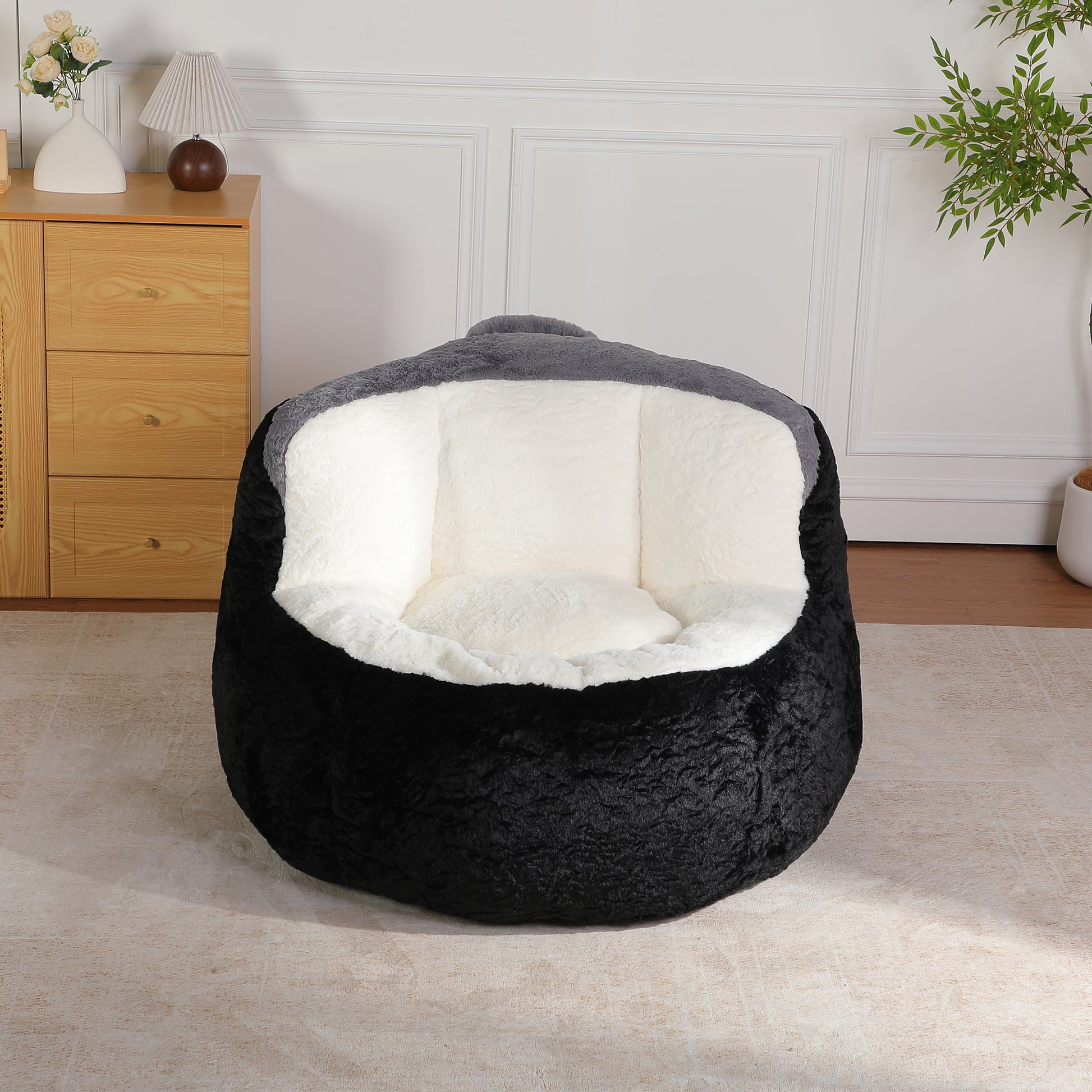 Oversized Bean Bag Chairs,Multicolor Faux Fur Couch Filled with Shredded Sponge,Large Lounger Sofa For Living Room,No Assembly Required, Black+White+Grey image 2