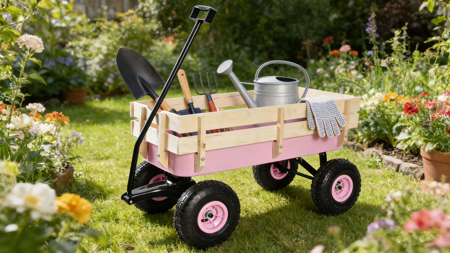 Outdoor Wagon All Terrain Pulling w/Wood Railing Air Tires Garden Cart image 6