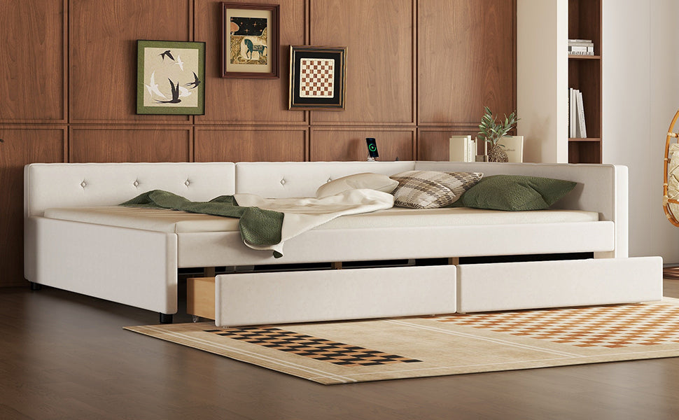 Queen Size Upholstered Platform Bed with USB and 2 Drawers, Beige image 9
