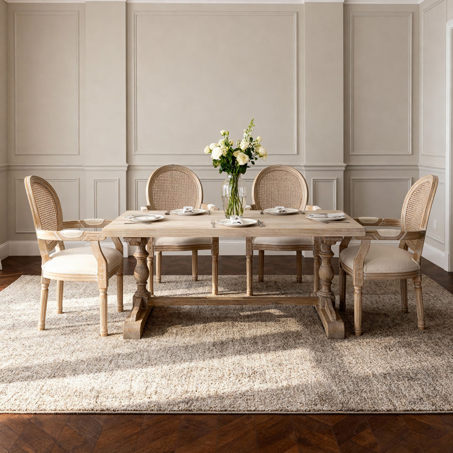 French Vintage Upholstered Fabric Dining Armchair, Set of 2, Beige image 2