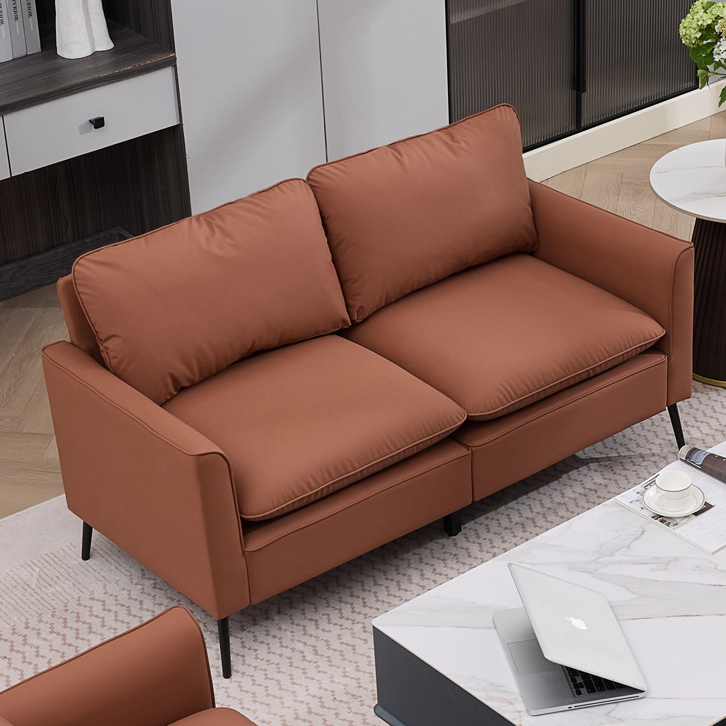 TS Cat paw leather upholstered sofa loveseat,Nordic retro light luxury living room balcony bedroom single casual sofa chair Double sofa + two pack combination(Brown) image 3