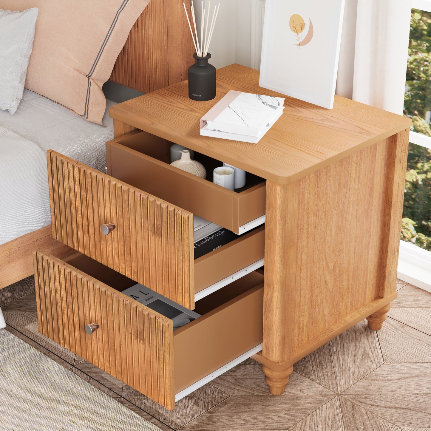 Fluted Nightstand, 21.65" Wide Side Table with 3 Drawers, Mid Century Modern Wood NightStand with Metal Handle, Wooden Bedside End Table for Bedroom, Living Room, Closet, Natural image 3