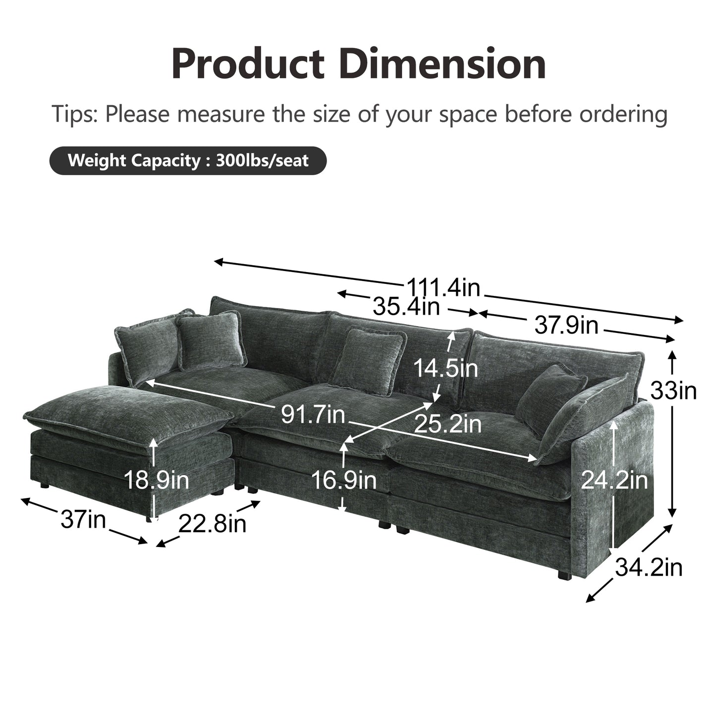 Free Combination Comfy Upholstery Modular Oversized L Shaped Sectional Sofa With Reversible Ottoman, Gray Chenille image 4