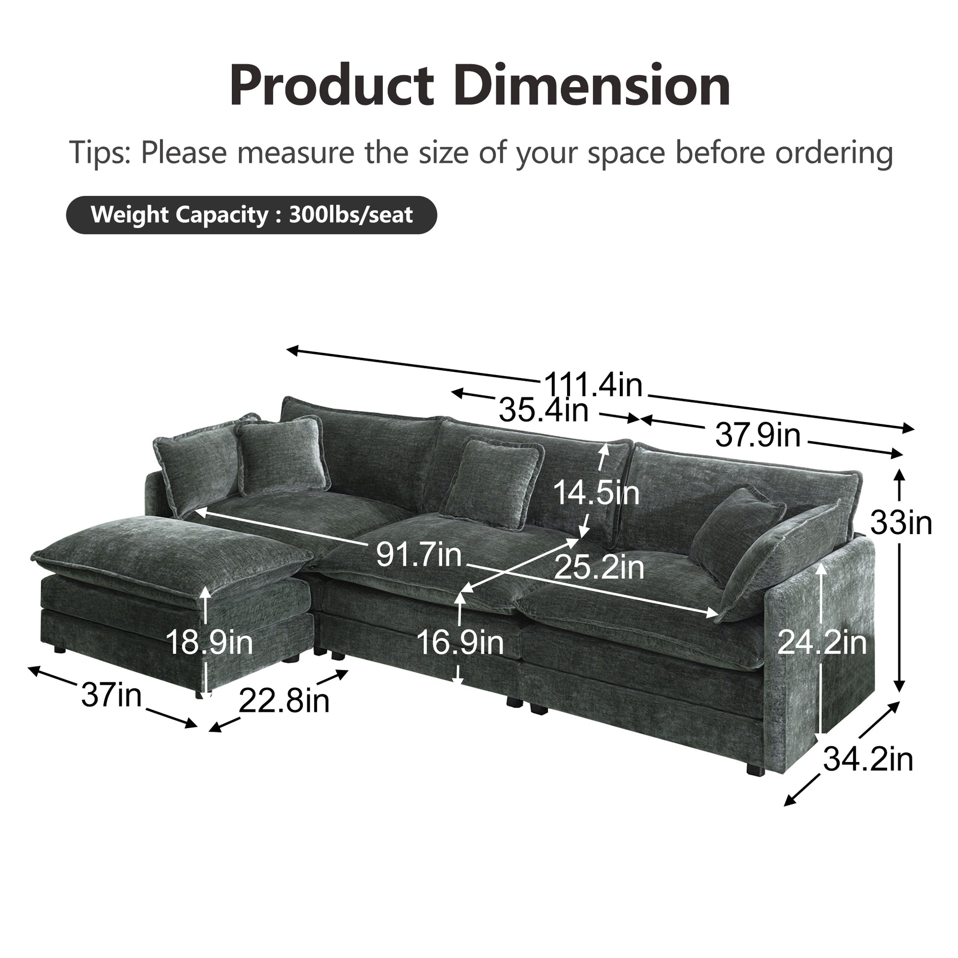 Free Combination Comfy Upholstery Modular Oversized L Shaped Sectional Sofa With Reversible Ottoman, Gray Chenille image 4