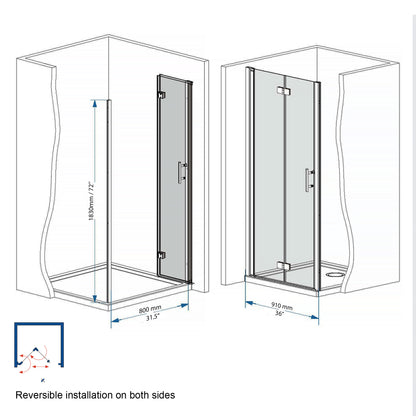 37-36 "x 72" Bifold Shower Door, 1/4"(6mm) Tempered Glass, Chrome Aluminum Frame, Explosion Proof Film image 7