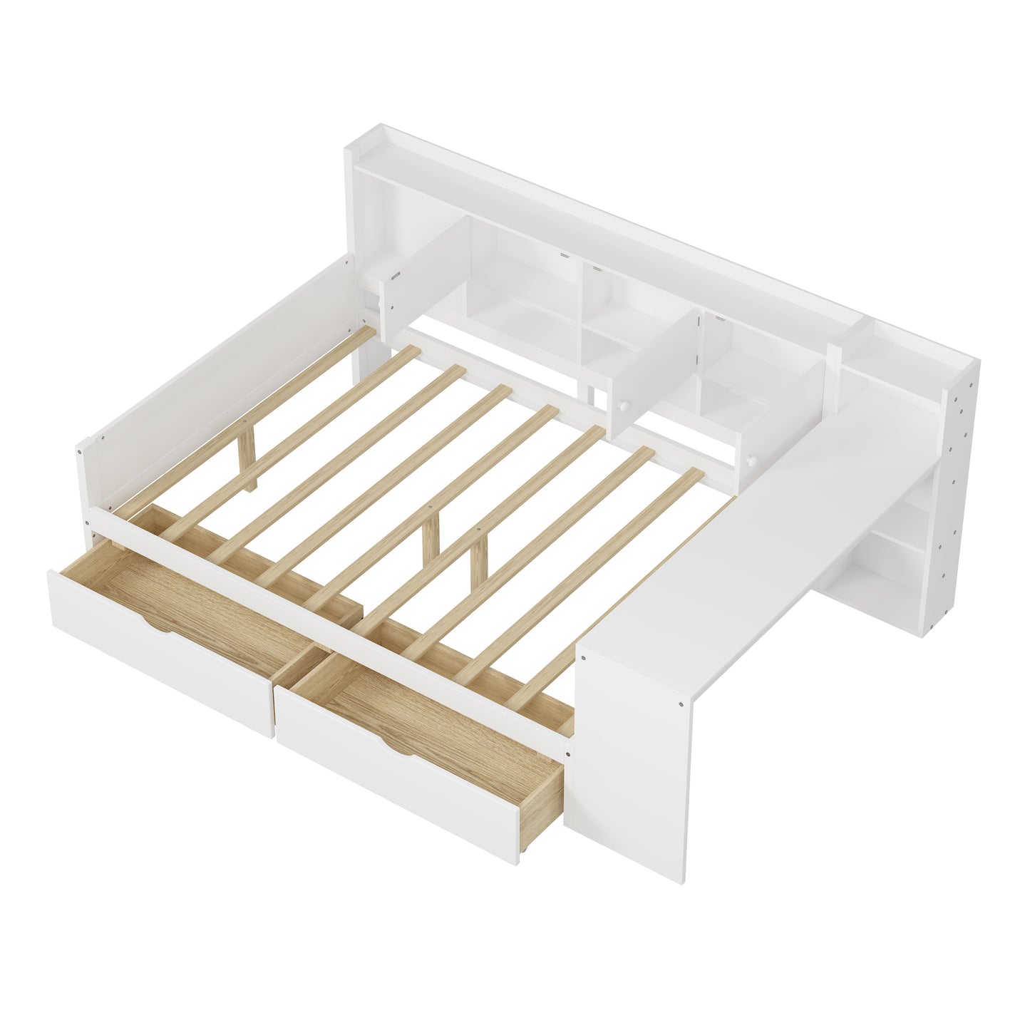 Full Size Wooden L-Shape Daybed with Seven Storage Cabinets and Two Storage Drawers, Multi-functional Bed with Study Desk and Built-in Bookshelf, White(old SKU: N733S247077K) image 8