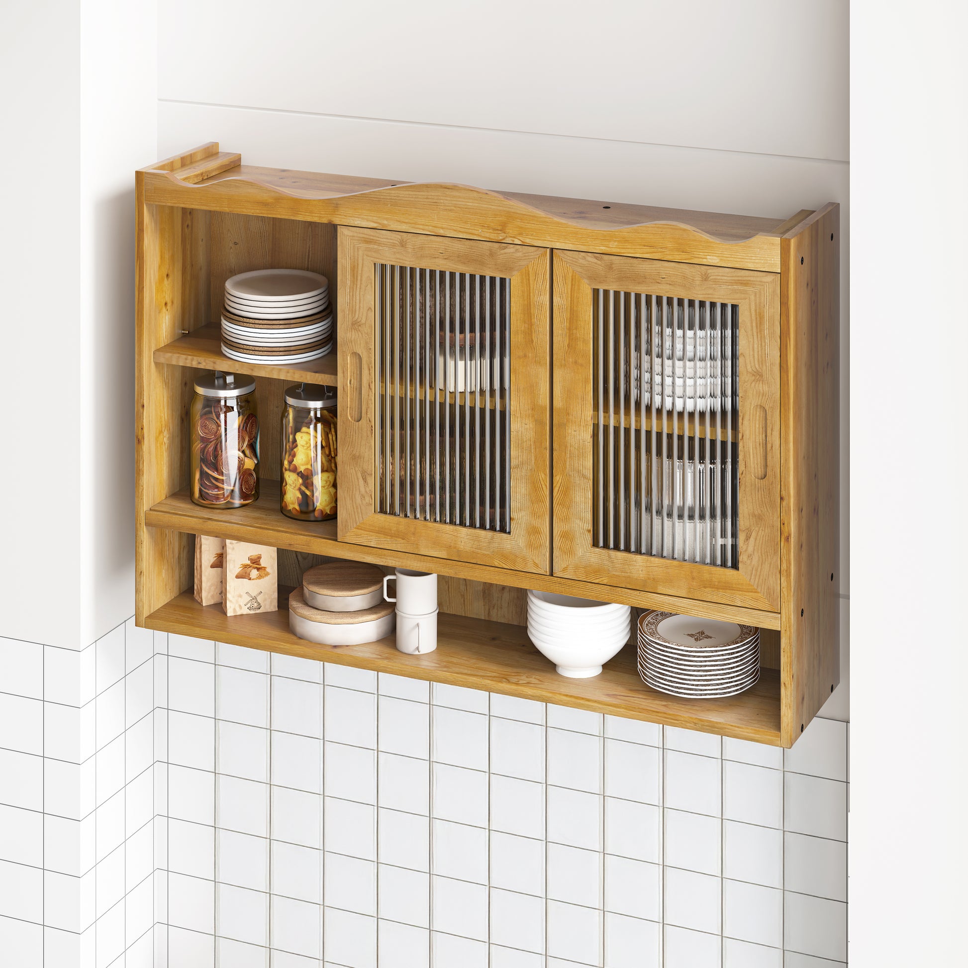 35.4"Retro 2 Door Sliding Cabinet Three Layers of Storage Space,Suitable for Bathrooms,Kitchens,Dining Rooms,Natural image 3