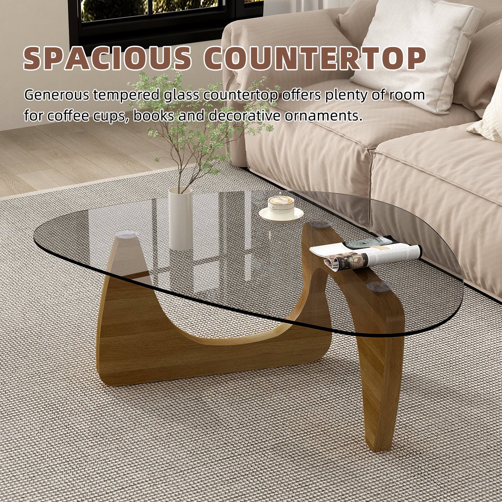 Modern Glass Coffee Table, 32.3" x 23" x 16" Mid Century Modern Coffee Table, Sleek Coffee Tables, Suitable for Bedroom Living Room Reception Office Tables,Walnut image 6