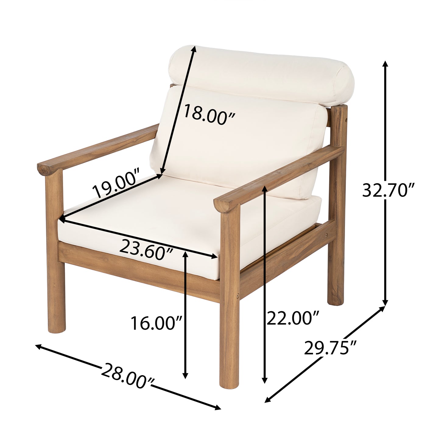 28" Mid-Century Modern Acacia Wood Outdoor Patio Chair, Weather-Resistant Deep Seating Lounge Chair with Bolster Pillow & Thick Cushions, Solid Wood Frame Accent Chair for Backyard, Poolside & Deck image 4