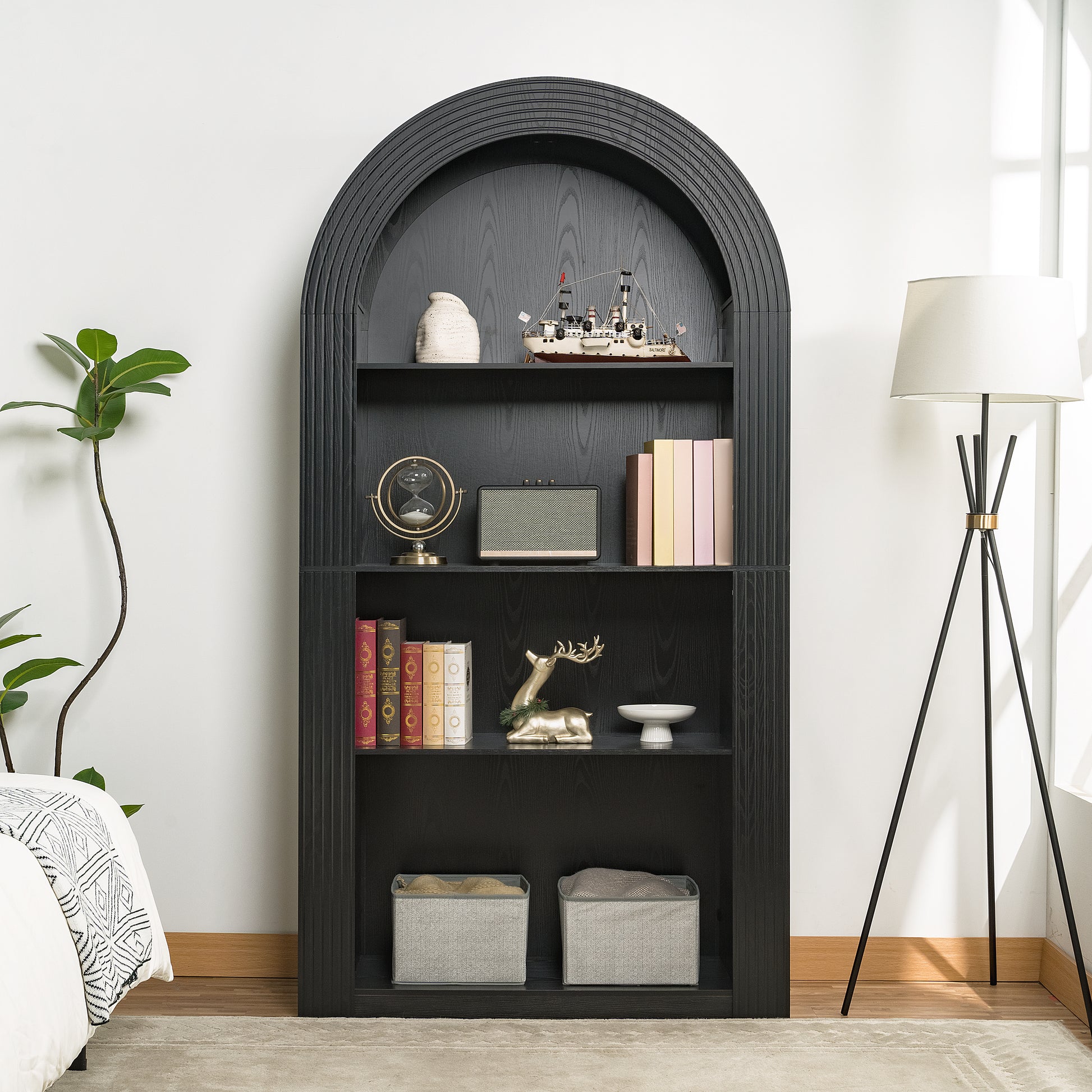 78.74" Tall Arched Bookcase, Mid Century Modern 4-Tier Arched Storage Bookcase with Open Display Storage Shelf for Dining Room, Living Room,Bedroom (Black) image 3