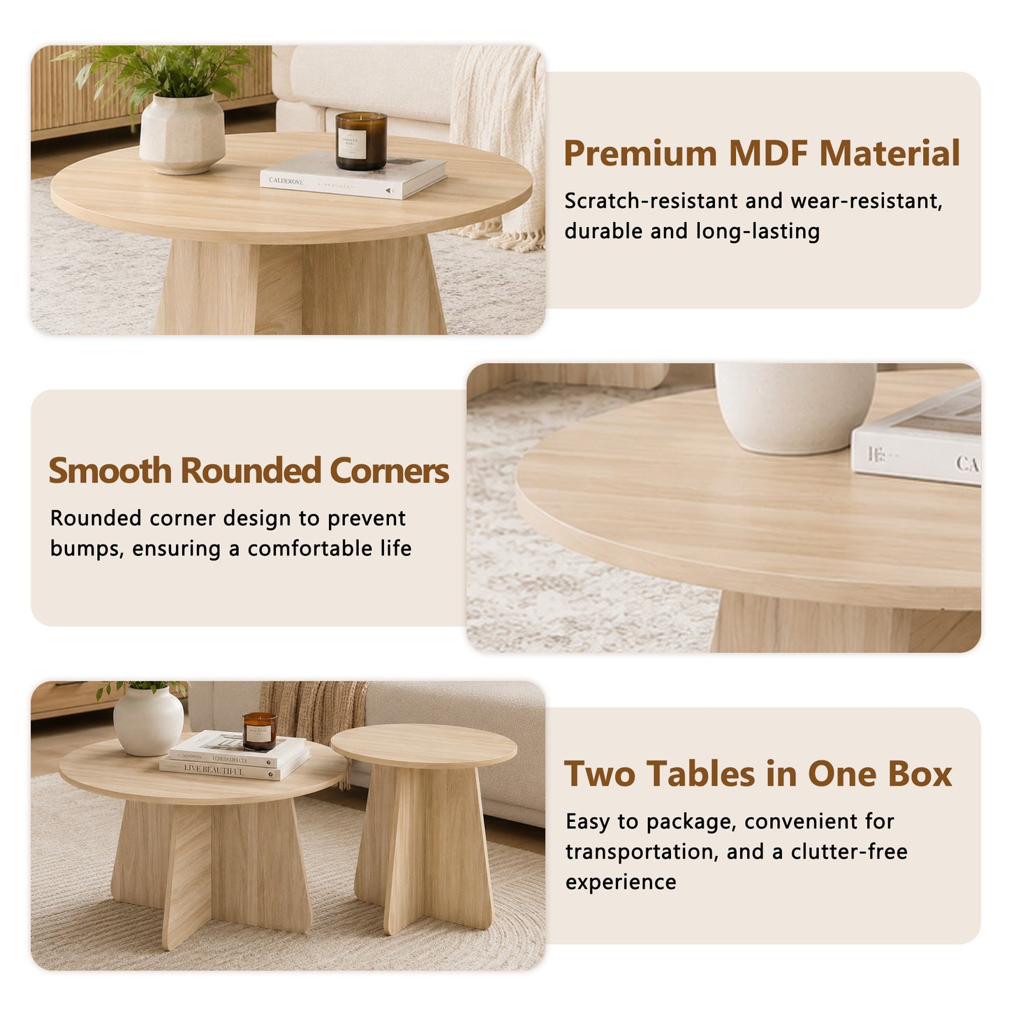 Retro-style nesting coffee table set. Available in walnut or natural wood finishes. Round nesting side tables with crisscross legs. Ideal for living rooms and dining rooms. image 7
