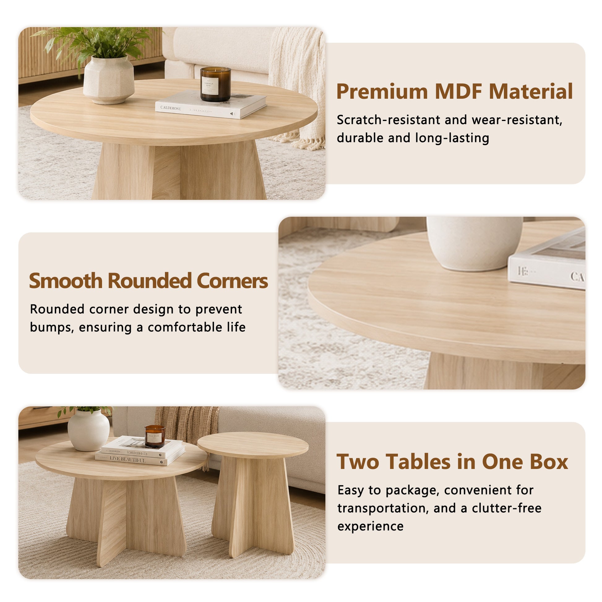 Retro-style nesting coffee table set. Available in walnut or natural wood finishes. Round nesting side tables with crisscross legs. Ideal for living rooms and dining rooms. image 7