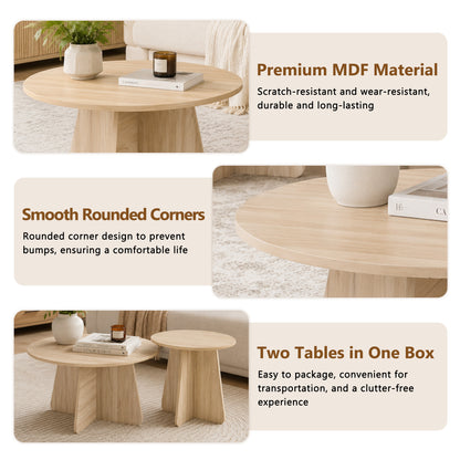 Retro-style nesting coffee table set. Available in walnut or natural wood finishes. Round nesting side tables with crisscross legs. Ideal for living rooms and dining rooms. image 7