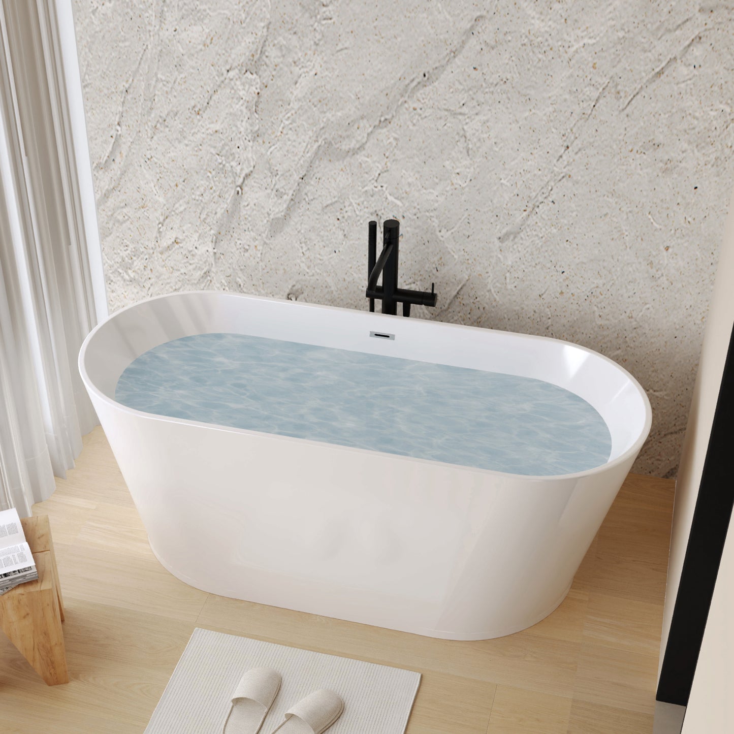 59" Acrylic Freestanding Bathtub, Stand Alone Soaking Tub, Glossy White Acrylic, Toe-tap Chrome Drain, cUPC Certified image 2