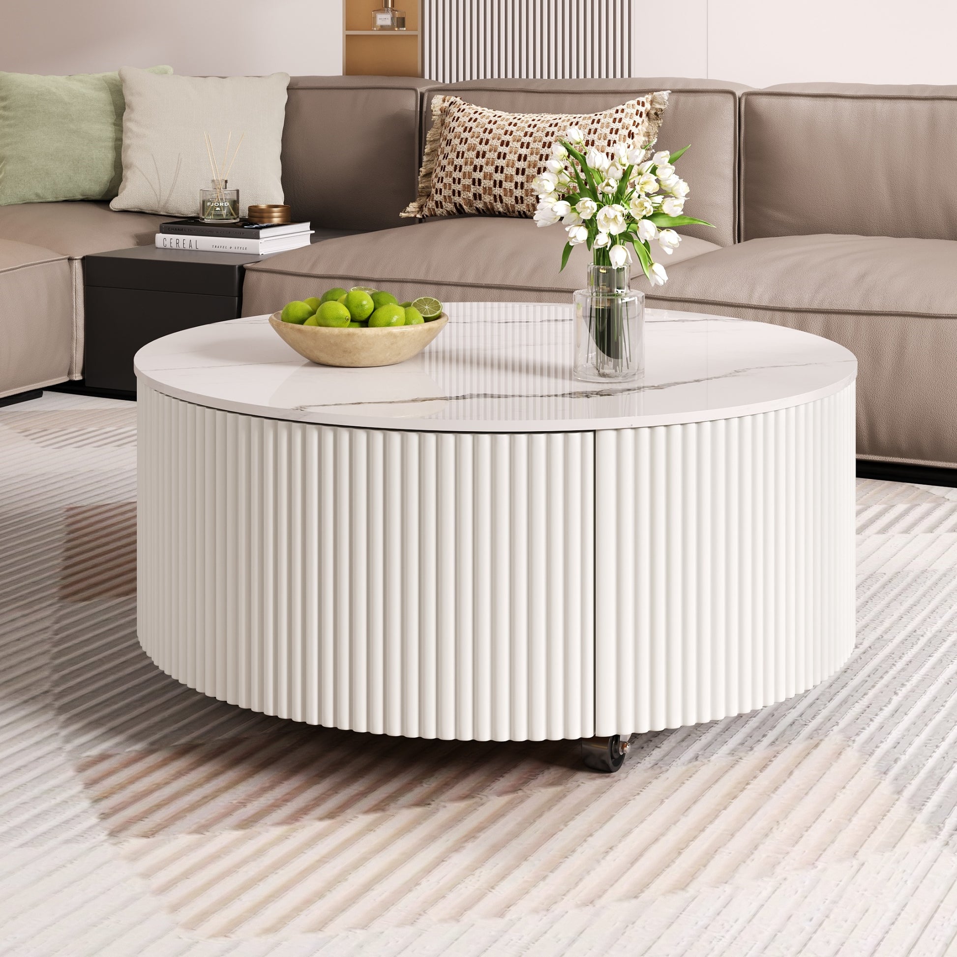 Modern Round Movable Coffee Table with Casters, 2 Drawers, Marble Pattern Sintered Stone Top, White, 29.5" image 5