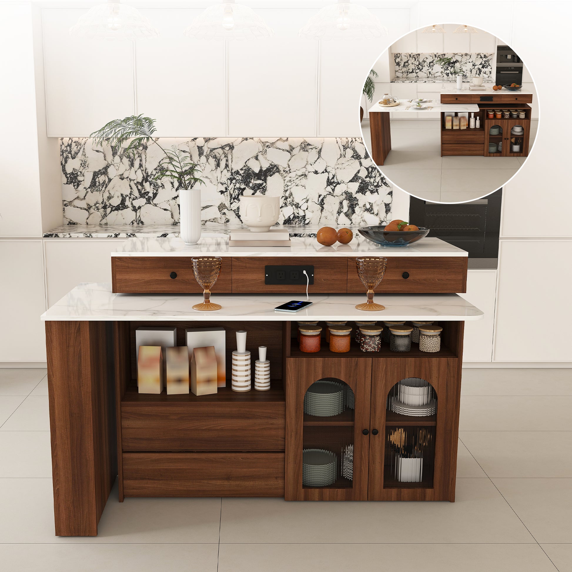Kitchen Island with Extendable & Rotating Table, MDF with Walnut Veneer Retro Design, 4 Drawers & Glass Door Cabinets with Built-in Socket, Expandable Dining Station for 2-4 Person (Walnut) image 3