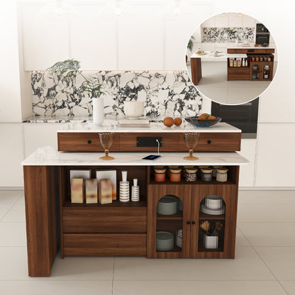 Kitchen Island with Extendable & Rotating Table, MDF with Walnut Veneer Retro Design, 4 Drawers & Glass Door Cabinets with Built-in Socket, Expandable Dining Station for 2-4 Person (Walnut) image 3