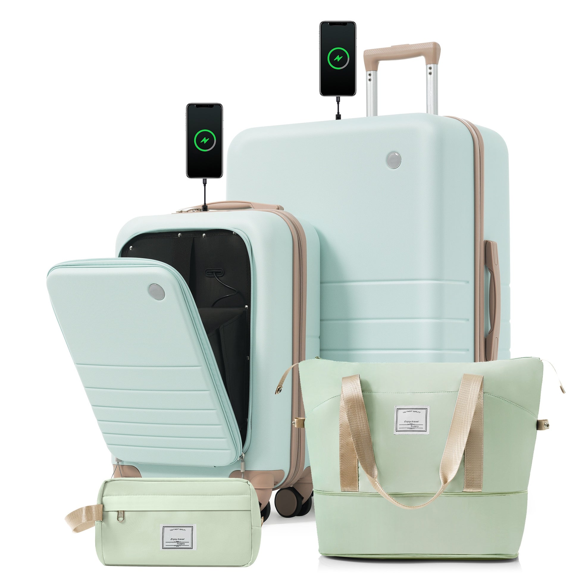 4-Piece Luggage Set with USB Charging Ports - 20in Carry-On (Front-Opening for Laptop) 28in Checked Suitcase with TSA Lock Travel Duffel Bag Wet-Dry Toiletry Bag, grey green image 1