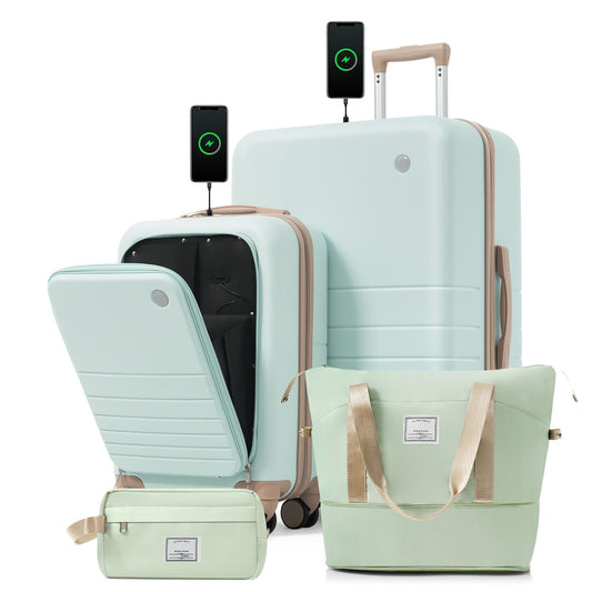 4-Piece Luggage Set with USB Charging Ports - 20in Carry-On (Front-Opening for Laptop) 28in Checked Suitcase with TSA Lock Travel Duffel Bag Wet-Dry Toiletry Bag, grey green image 1