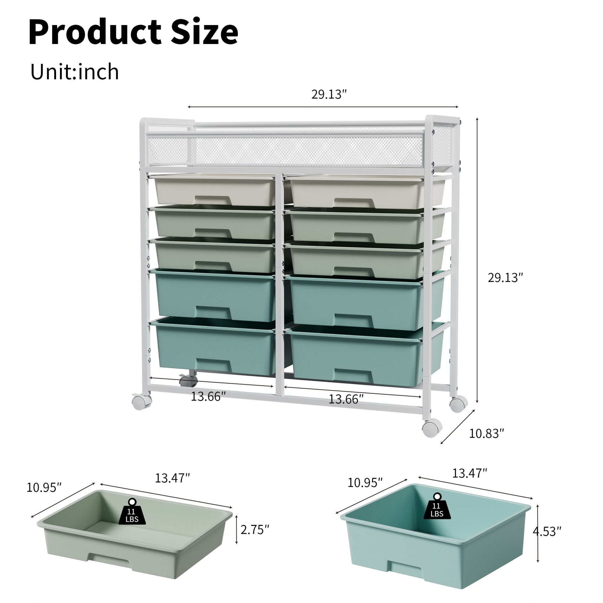 White Large Capacity 2-Row 10-Drawer Rolling Storage Cart, Metal Mesh Top Utility Organizer with Wheels, Multi-Layer Plastic Drawers for Kitchen, Bathroom, Bedroom, Office image 12