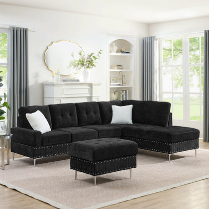 Sectional 3-Seaters Sofa with Chaise, Storage Ottoman, Metal Legs and Copper Nails,Two White Pillows,Black(102" x 76" x35") image 3