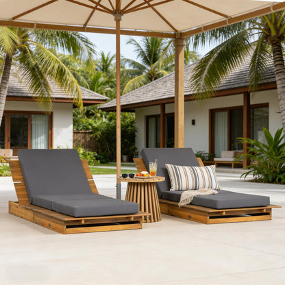 Acacia Wood Chaise Lounge with 4" Thick 3-Fold Dark Gray Movable Cushion – Wide Teak Finish Patio Lounger, 3-Position Recliner, 400 lbs Capacity image 5
