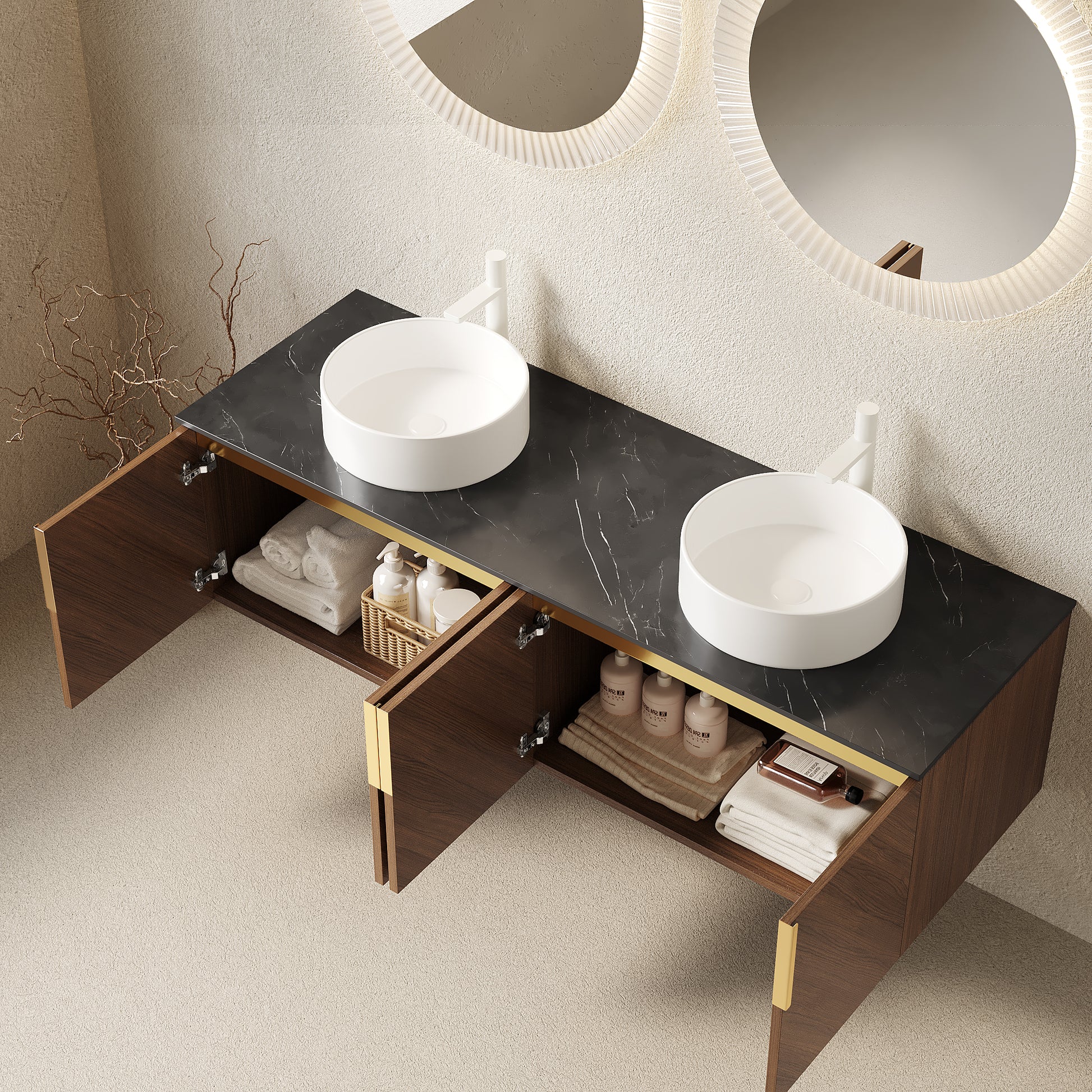 ARAI 60" Bathroom Vanity with Sinks, Floating Wall-Mounted Plywood Bathroom Storage Cabinet with 4 Doors, 2 White Round Ceramic Basins and Black Sintered Stone Countertop, Brown Oak Woodgrain Color image 2