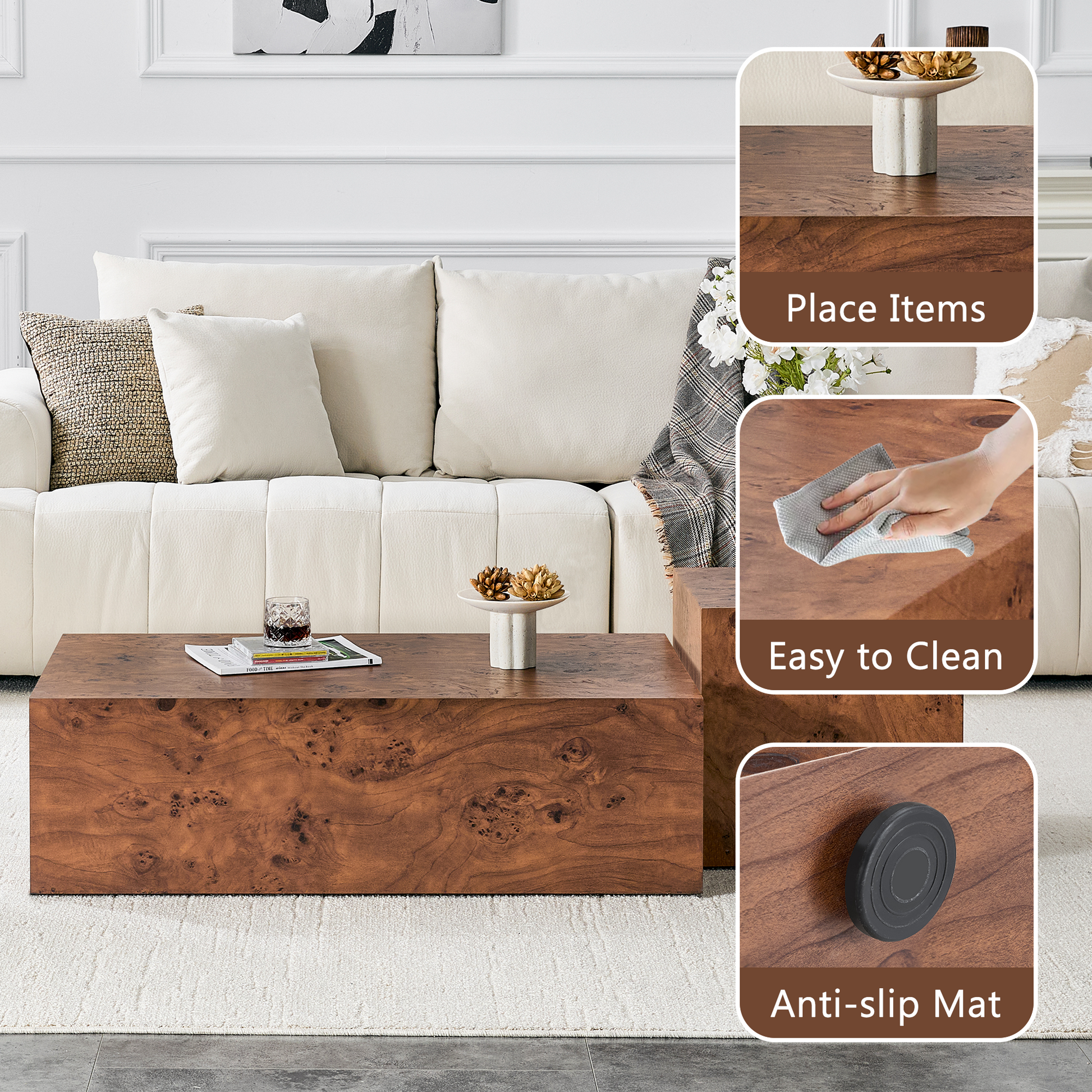 Premium Burl Walnut Veneer MDF Cube Table, Height Adjustable Multi-purpose Coffee Side End Table for Living Room, 39.4"×21.7"×11.8", No Extra Items Included image 7