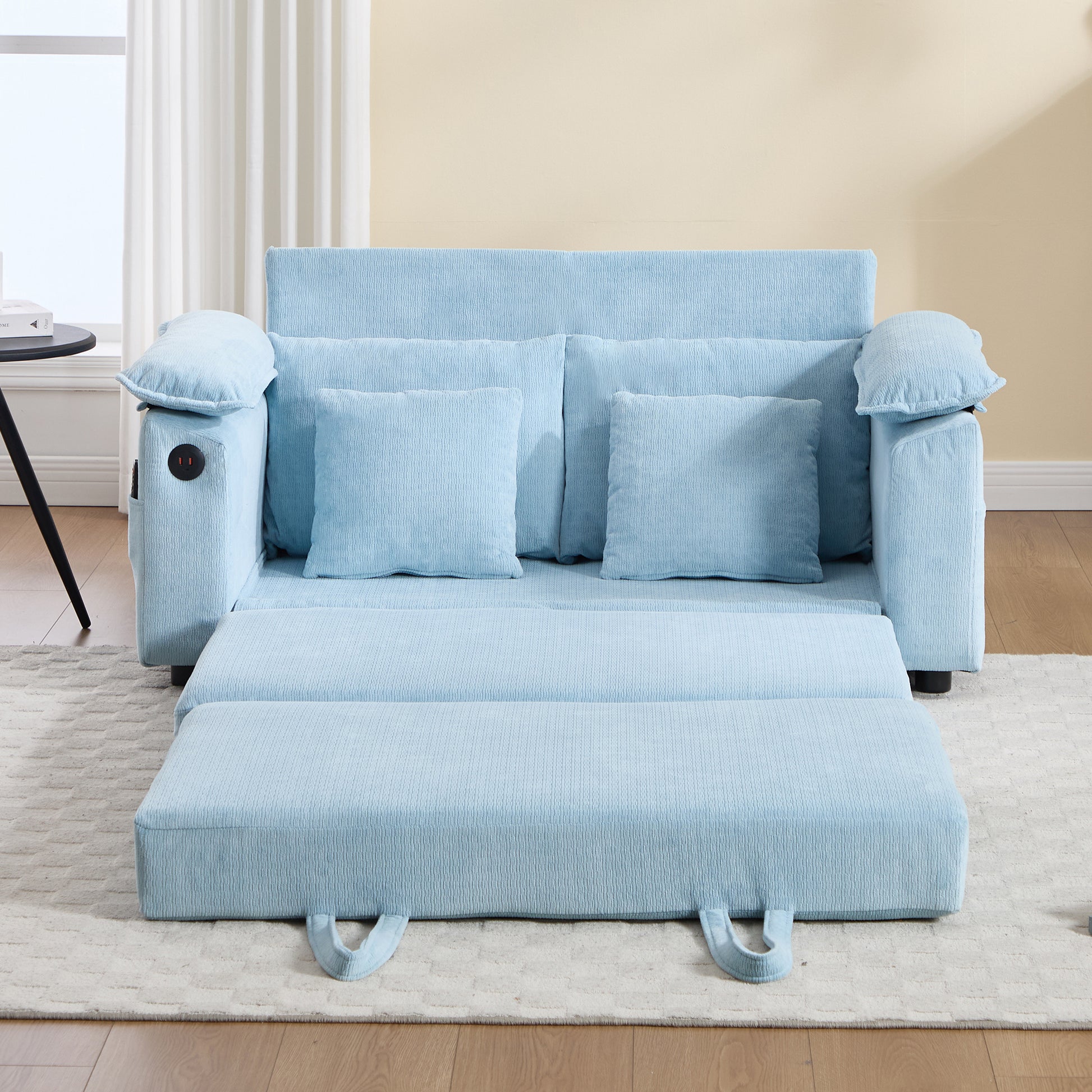 58 inch 3-in-1 Upholstered Futon Sofa Convertible Floor Sofa bed,Foldable Tufted Loveseat with Pull Out Sleeper Couch Bed,Folding Mattres Love Seat Daybed W/Side Pockets for Living Room Blue image 5