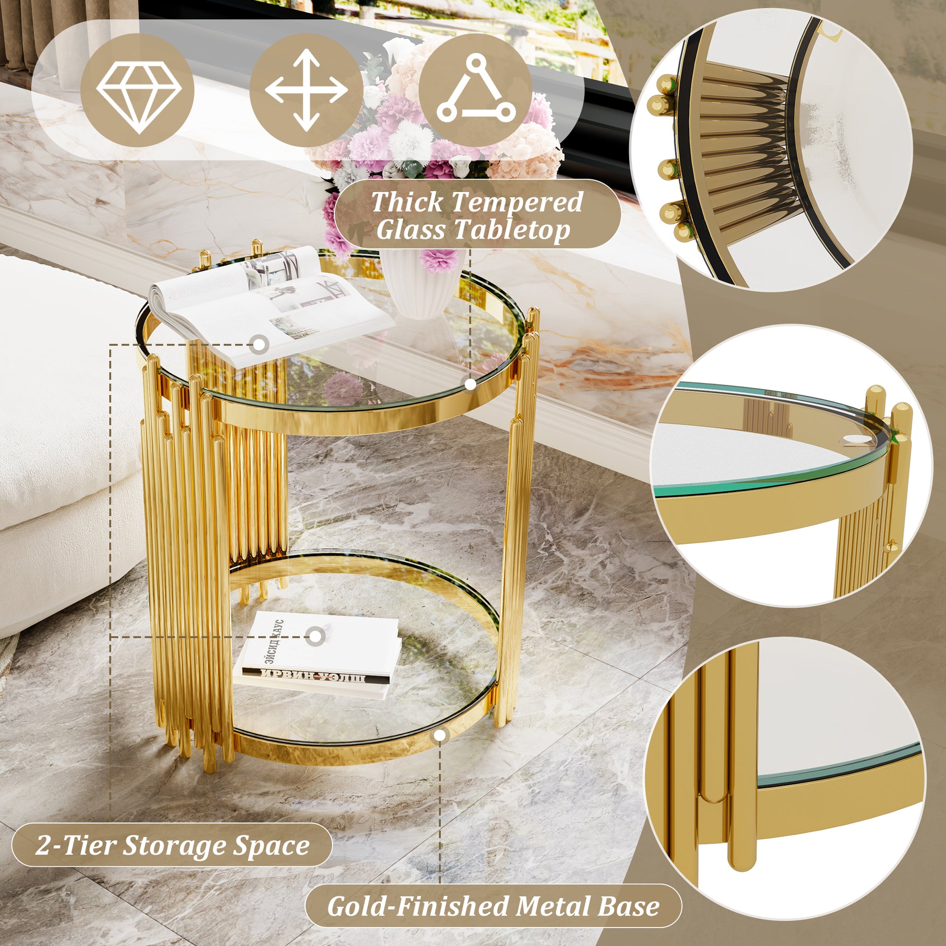 Modern Transparent Glass End Table for Living Room, Round, Asymmetrical Metal, Gold Finish & Lower Shelf, 19.8" image 10