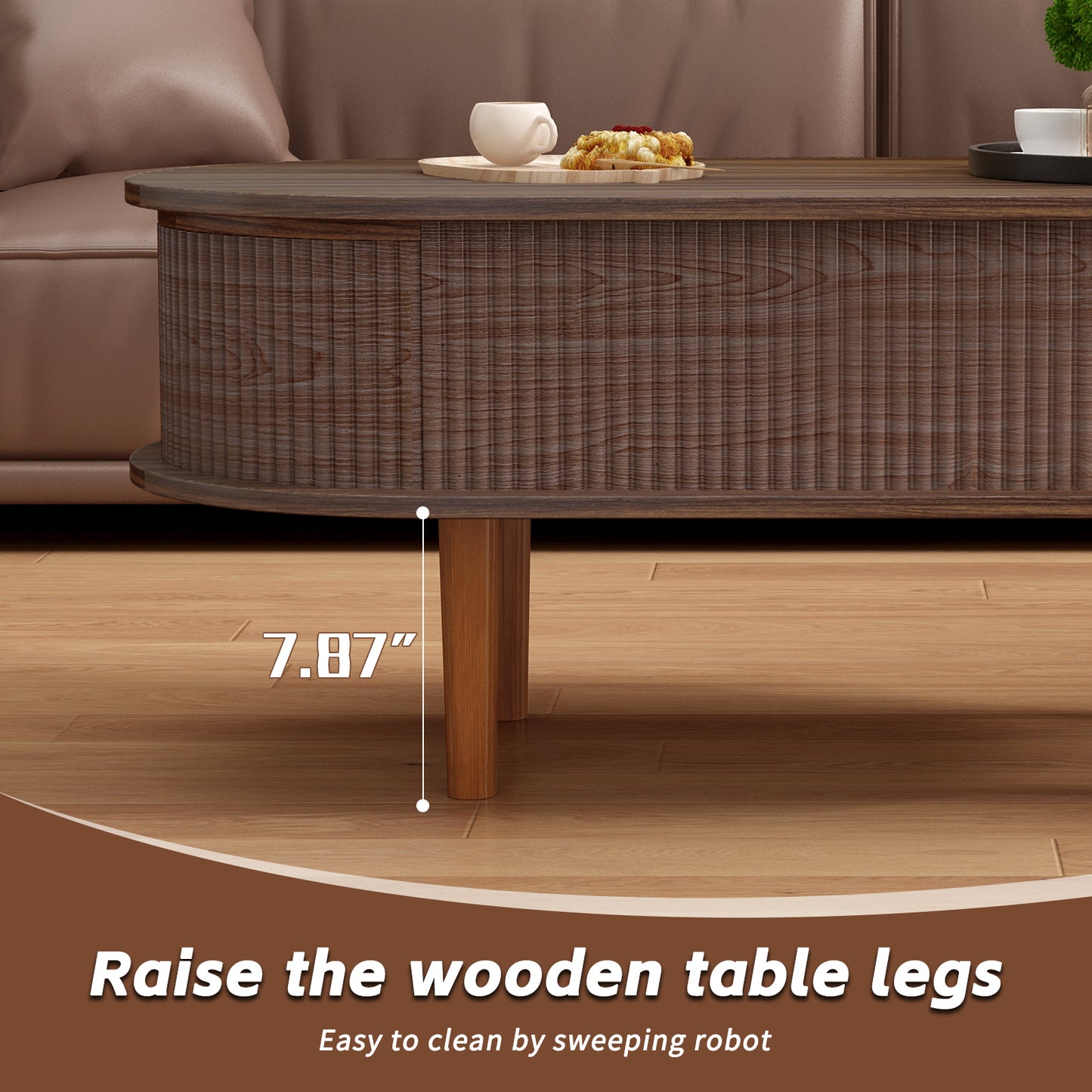 Fluted Lift Top Coffee Table with Hidden Compartment, Wooden Center Table, Modern Oval Lift Tabletop for Home Living Room Office, Walnut Color image 12