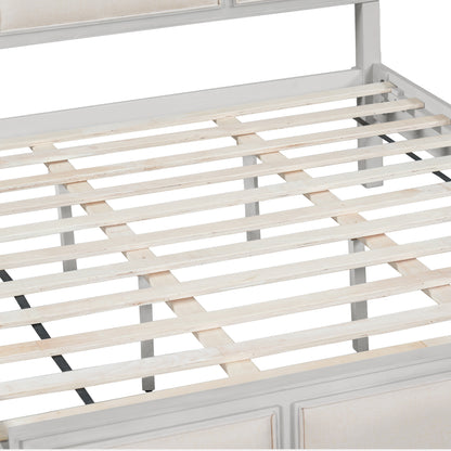 Queen Size Wooden Bed Frame with Upholstered Headboard, White Wood & Beige Fabric, Solid Wood Platform, Modern Farmhouse Style image 11