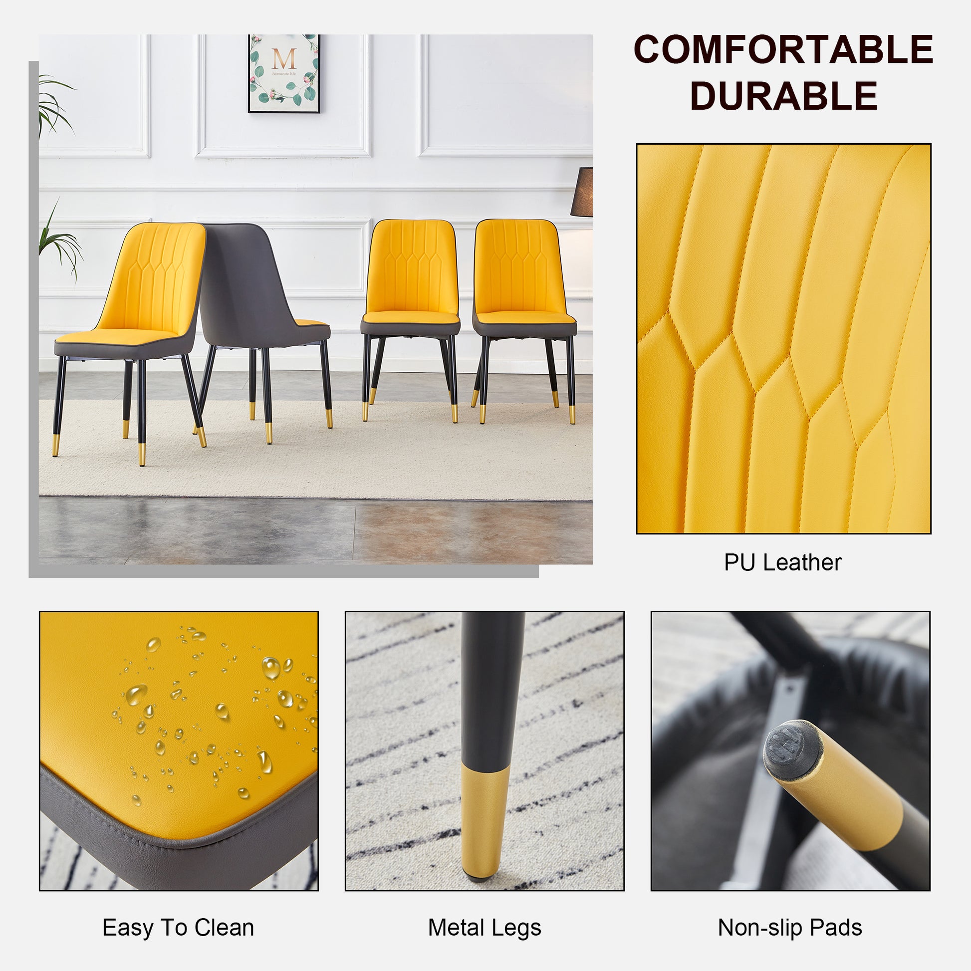 A modern dining chair with orange yellow dark gray dual tone PU leather backrest and black metal legs, suitable for kitchens, bedrooms, and offices. Set of 4 pieces (orange yellow, dark gray+PU)C-007 image 5