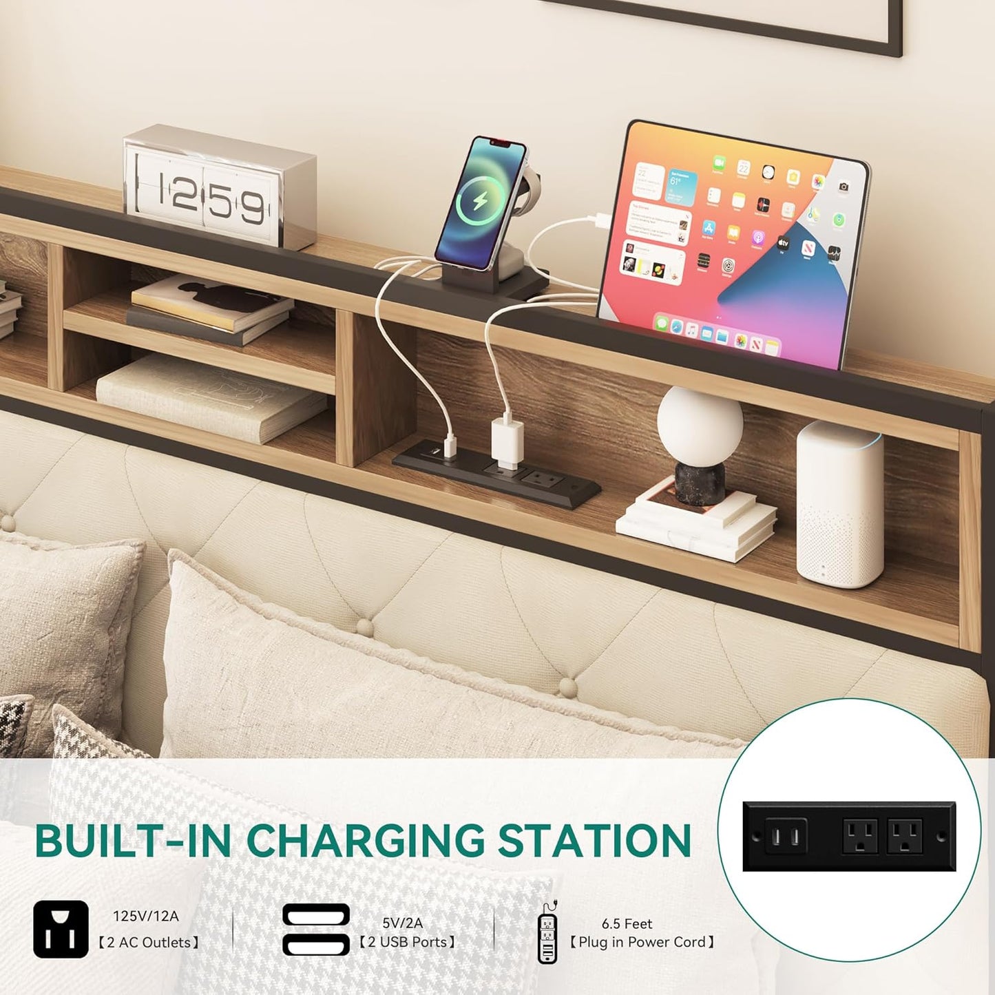 Queen Size Bed Frame, Platform Bed Frame with Charging Station, Upholstered Storage Headboard & Footboard Metal Slats Supports Mattress Foundation, No Box Spring Needed, Beige(No Drawers) image 4